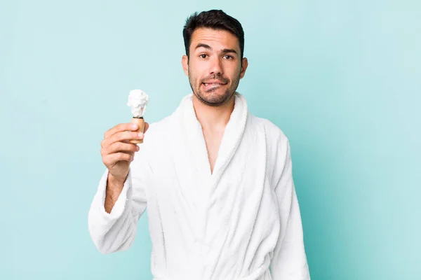 Young Adult Hispanic Man Looking Puzzled Confused Shaving Concept — Stok fotoğraf