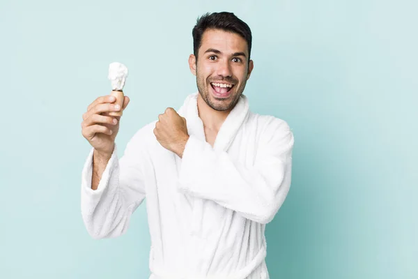 Young Adult Hispanic Man Feeling Happy Facing Challenge Celebrating Shaving — Stockfoto