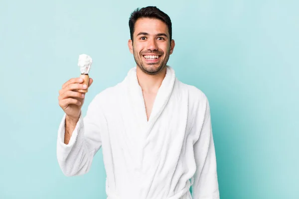Young Adult Hispanic Man Looking Happy Pleasantly Surprised Shaving Concept — Stok fotoğraf