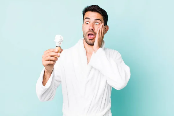 Young Adult Hispanic Man Feeling Happy Excited Surprised Shaving Concept — Stok fotoğraf