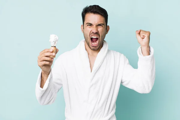 Young Adult Hispanic Man Shouting Aggressively Angry Expression Shaving Concept — ストック写真