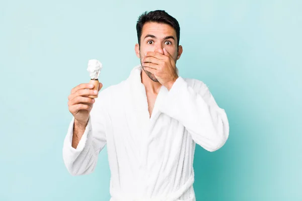 Young Adult Hispanic Man Covering Mouth Hands Shocked Shaving Concept — ストック写真