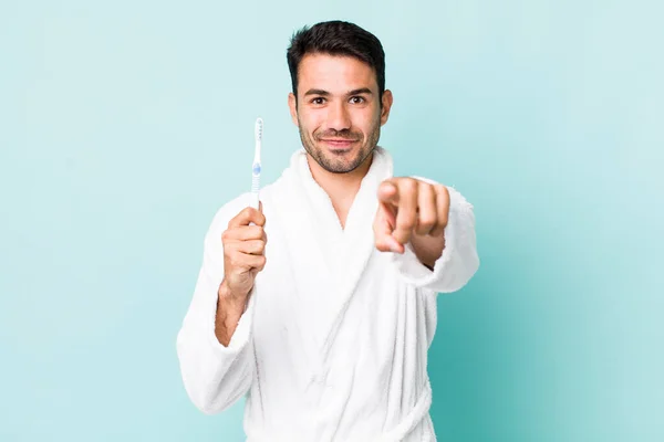 Young Adult Hispanic Man Pointing Camera Choosing You Toothbrush Concept — Stock fotografie