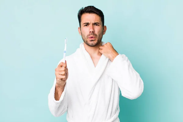 Young Adult Hispanic Man Feeling Stressed Anxious Tired Frustrated Toothbrush — Photo