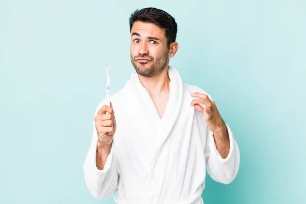 Young Adult Hispanic Man Looking Arrogant Successful Positive Proud Toothbrush — Stok fotoğraf