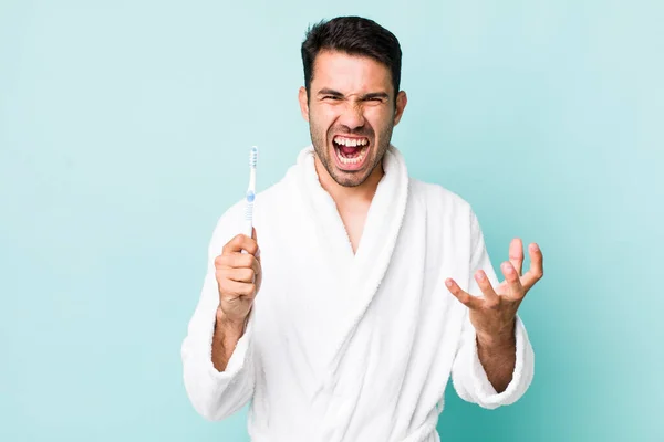 Young Adult Hispanic Man Looking Angry Annoyed Frustrated Toothbrush Concept — Stockfoto