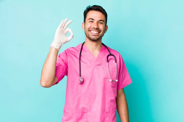 Young Adult Hispanic Man Feeling Happy Showing Approval Okay Gesture — Stockfoto