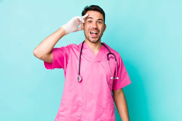 Young Adult Hispanic Man Looking Happy Astonished Surprised Veterinarian Concept — Photo