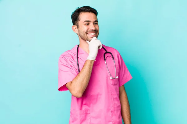 Young Adult Hispanic Man Smiling Happy Confident Expression Hand Chin — Stockfoto