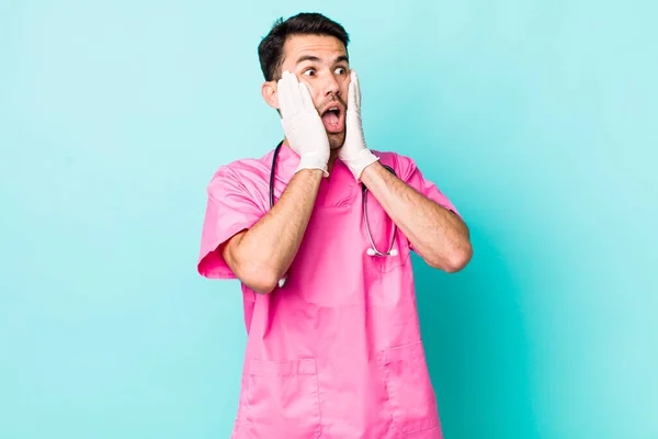 Young Adult Hispanic Man Feeling Happy Excited Surprised Veterinarian Concept — 스톡 사진