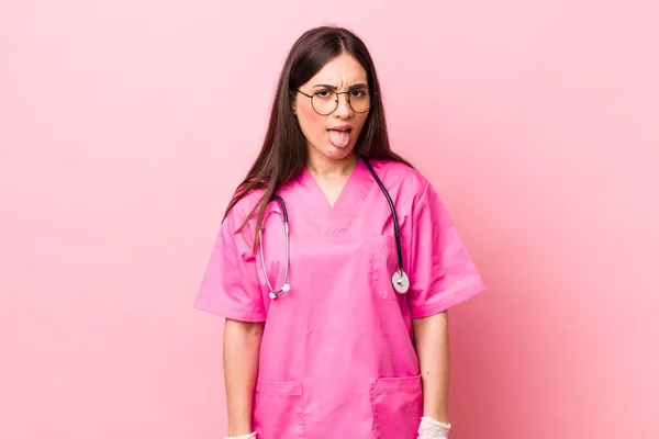 Young Pretty Woman Feeling Disgusted Irritated Tongue Out Veterinarian Concept — Foto Stock