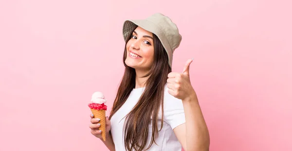 Young Pretty Woman Feeling Proud Smiling Positively Thumbs Summer Ice — Stockfoto