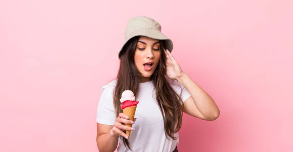 Young Pretty Woman Feeling Happy Excited Surprised Summer Ice Cream — Stockfoto