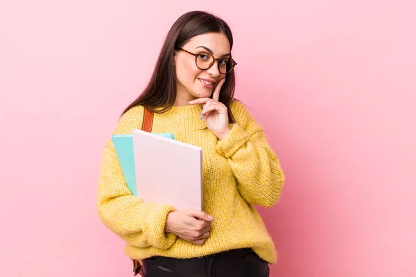 Young Pretty Woman Smiling Happy Confident Expression Hand Chin University — Fotografia de Stock