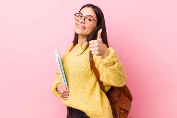 Young Pretty Woman Feeling Proud Smiling Positively Thumbs University Student — Foto Stock