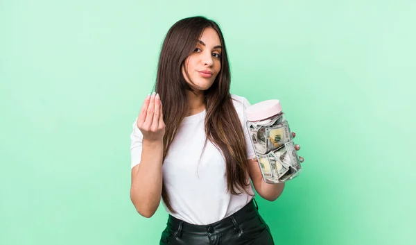 Young Pretty Woman Making Capice Money Gesture Telling You Pay — Φωτογραφία Αρχείου