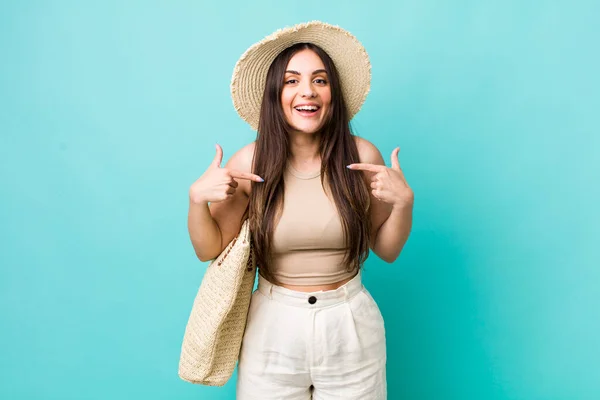 Young Pretty Woman Feeling Happy Pointing Self Excited Summer Hat — Stockfoto