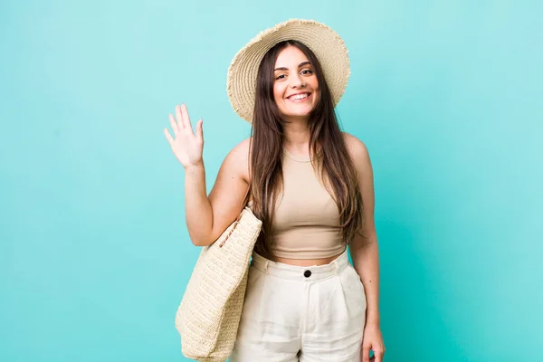 Young Pretty Woman Smiling Happily Waving Hand Welcoming Greeting You — Foto Stock