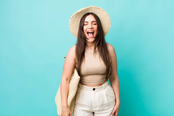 Young Pretty Woman Shouting Aggressively Looking Very Angry Summer Hat — Stockfoto