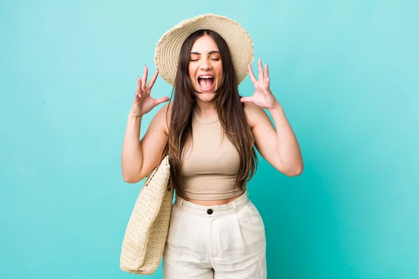 Young Pretty Woman Screaming Hands Air Summer Hat Concept — Stockfoto