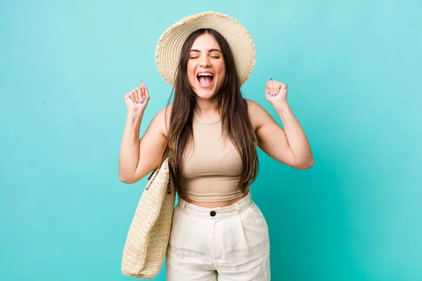 Young Pretty Woman Shouting Aggressively Angry Expression Summer Hat Concept — Stockfoto