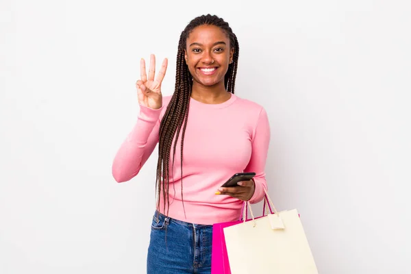 Young Adult Black Woman Smiling Looking Friendly Showing Number Three — Stockfoto