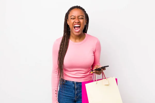 Young Adult Black Woman Shouting Aggressively Looking Very Angry Shopping —  Fotos de Stock