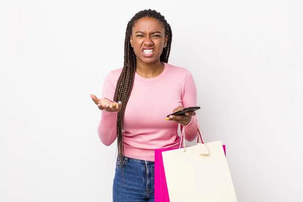 Young Adult Black Woman Looking Angry Annoyed Frustrated Shopping Bags — Stockfoto