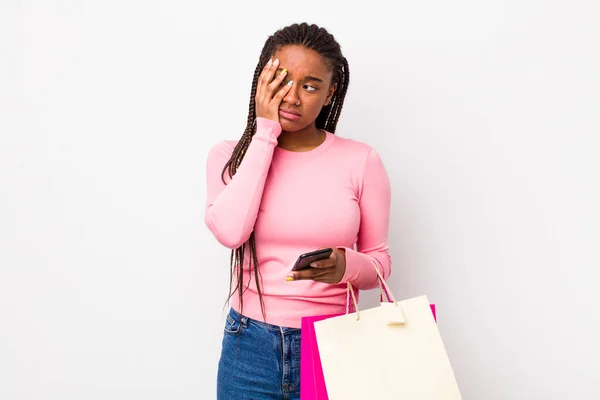 Young Adult Black Woman Feeling Bored Frustrated Sleepy Tiresome Shopping — Fotografia de Stock