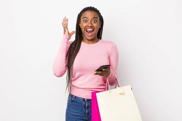 Young Adult Black Woman Screaming Hands Air Shopping Bags Concept — Stockfoto