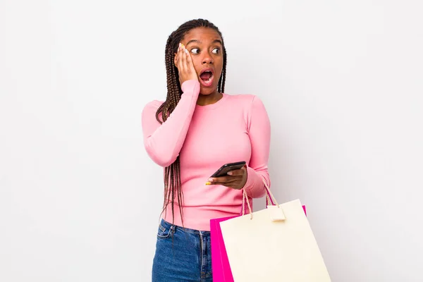 Young Adult Black Woman Feeling Happy Excited Surprised Shopping Bags — Stock Photo, Image