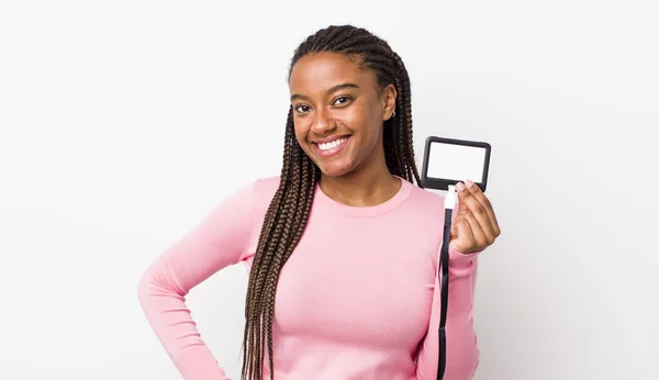 Young Adult Black Woman Smiling Happily Hand Hip Confident Vip — Zdjęcie stockowe