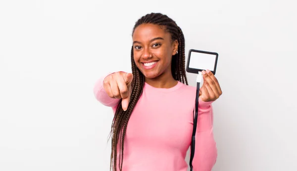 Young Adult Black Woman Pointing Camera Choosing You Vip Pass — 图库照片