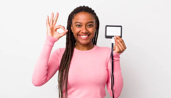 Young Adult Black Woman Feeling Happy Showing Approval Okay Gesture — Fotografia de Stock
