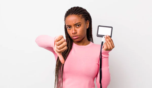 Young Adult Black Woman Feeling Cross Showing Thumbs Vip Pass — Fotografia de Stock