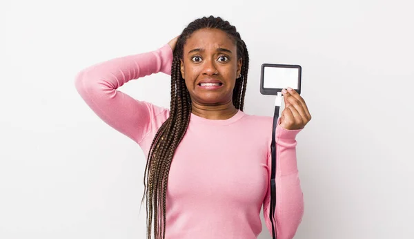 Young Adult Black Woman Feeling Stressed Anxious Scared Hands Head — Stockfoto