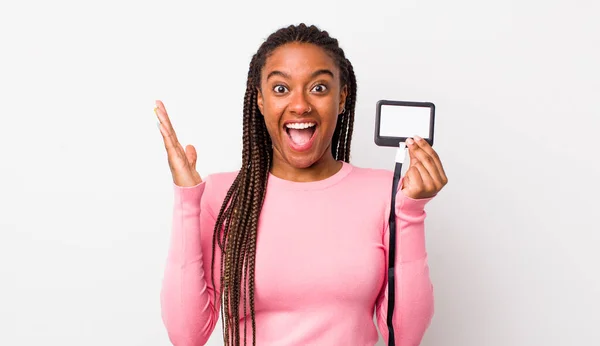Young Adult Black Woman Feeling Happy Astonished Something Unbelievable Vip — Zdjęcie stockowe