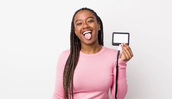 Young Adult Black Woman Cheerful Rebellious Attitude Joking Sticking Tongue — Fotografia de Stock