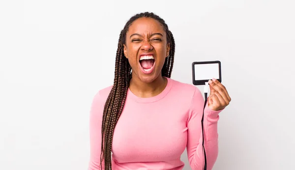 Young Adult Black Woman Shouting Aggressively Looking Very Angry Vip — Zdjęcie stockowe