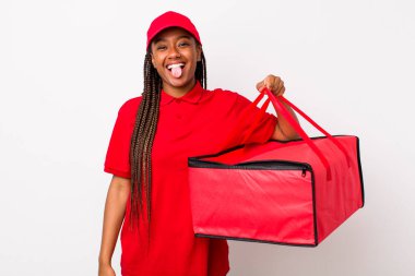 young adult black woman with cheerful and rebellious attitude, joking and sticking tongue out. pizza delivery concept