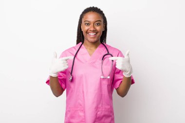 young adult black woman feeling happy and pointing to self with an excited. veterinarian concept
