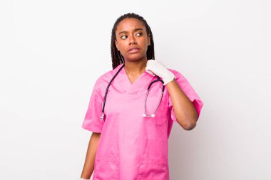 young adult black woman feeling stressed, anxious, tired and frustrated. veterinarian concept