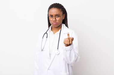 young adult black woman feeling angry, annoyed, rebellious and aggressive. physician concept