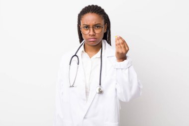 Genç yetişkin siyahi kadın kapiş ya da para hareketi yapıyor, sana ödemeni söylüyor. hekimlik kavramı