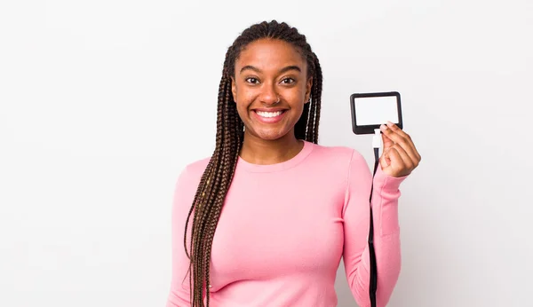 Young Adult Black Woman Looking Happy Pleasantly Surprised Vip Pass — Zdjęcie stockowe