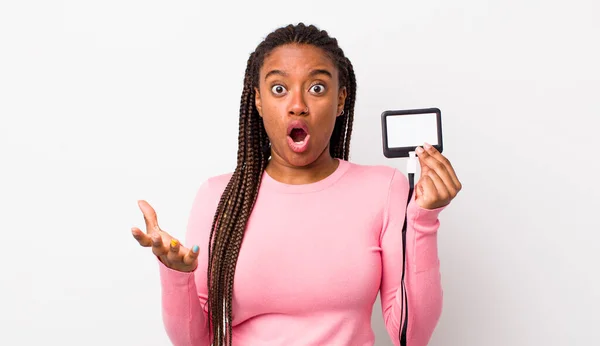 Young Adult Black Woman Feeling Extremely Shocked Surprised Vip Pass — Zdjęcie stockowe