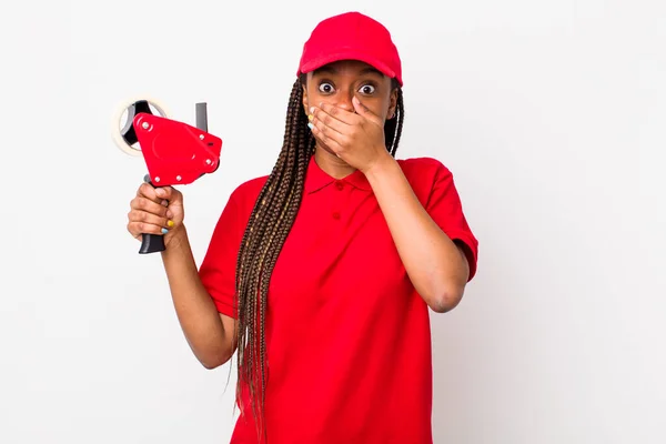 Young Adult Black Woman Covering Mouth Hands Shocked Company Employee — Foto Stock