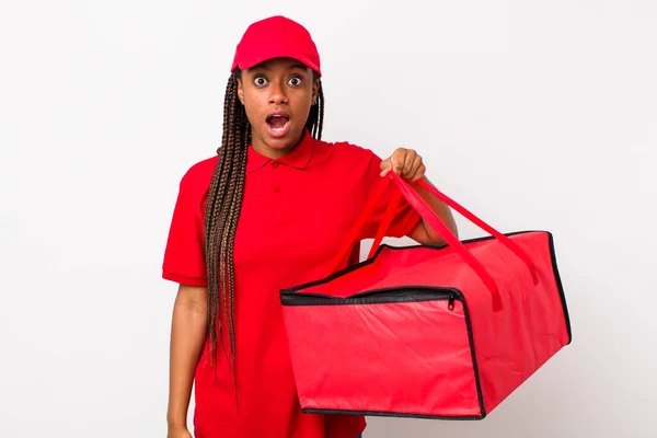 Young Adult Black Woman Looking Very Shocked Surprised Pizza Delivery —  Fotos de Stock