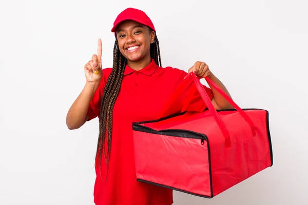Young Adult Black Woman Smiling Looking Friendly Showing Number One — Photo