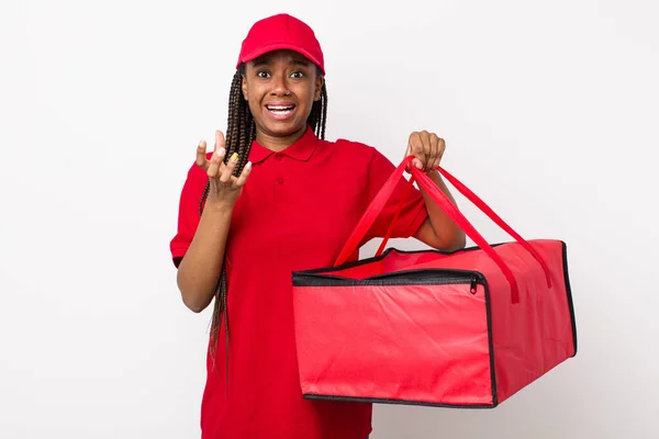 Young Adult Black Woman Looking Desperate Frustrated Stressed Pizza Delivery —  Fotos de Stock